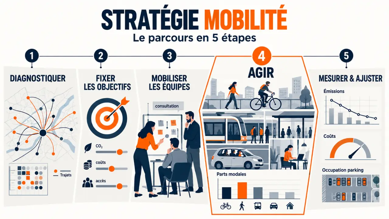 Infographie éditoriale sur la stratégie mobilité entreprise, du diagnostic des trajets au suivi des résultats