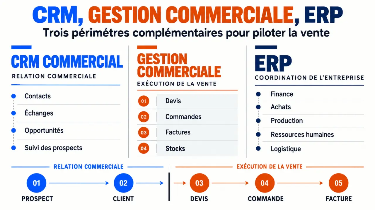 Visuel comparatif CRM gestion commerciale et ERP, du prospect à la facture
