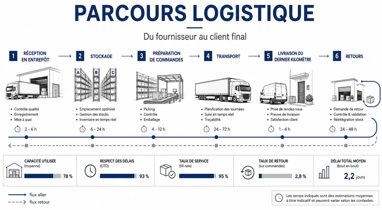 Gestion logistique : schéma du flux des marchandises du stock au dernier kilomètre