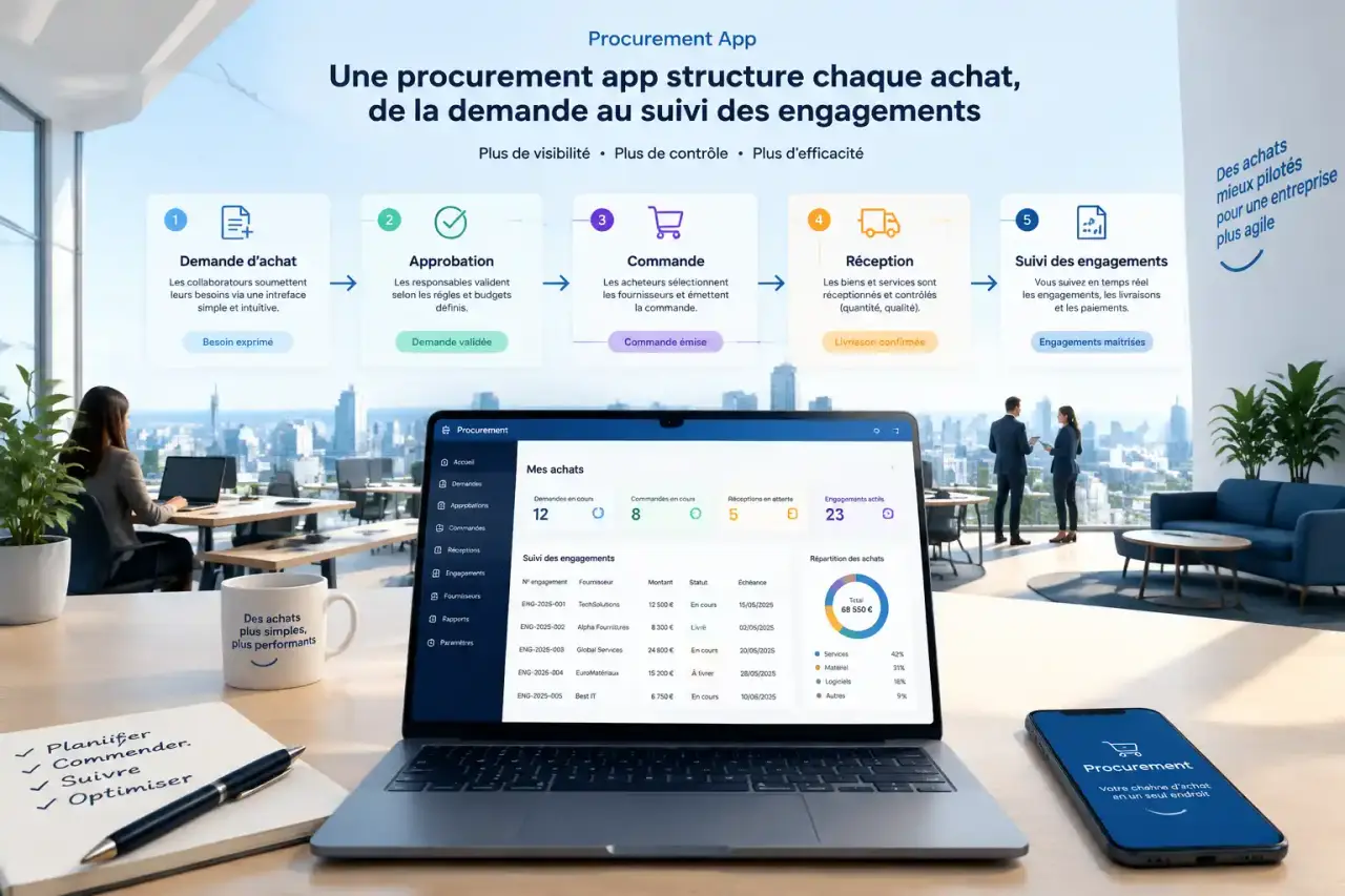 Une procurement app structure chaque achat, de la demande au suivi des engagements