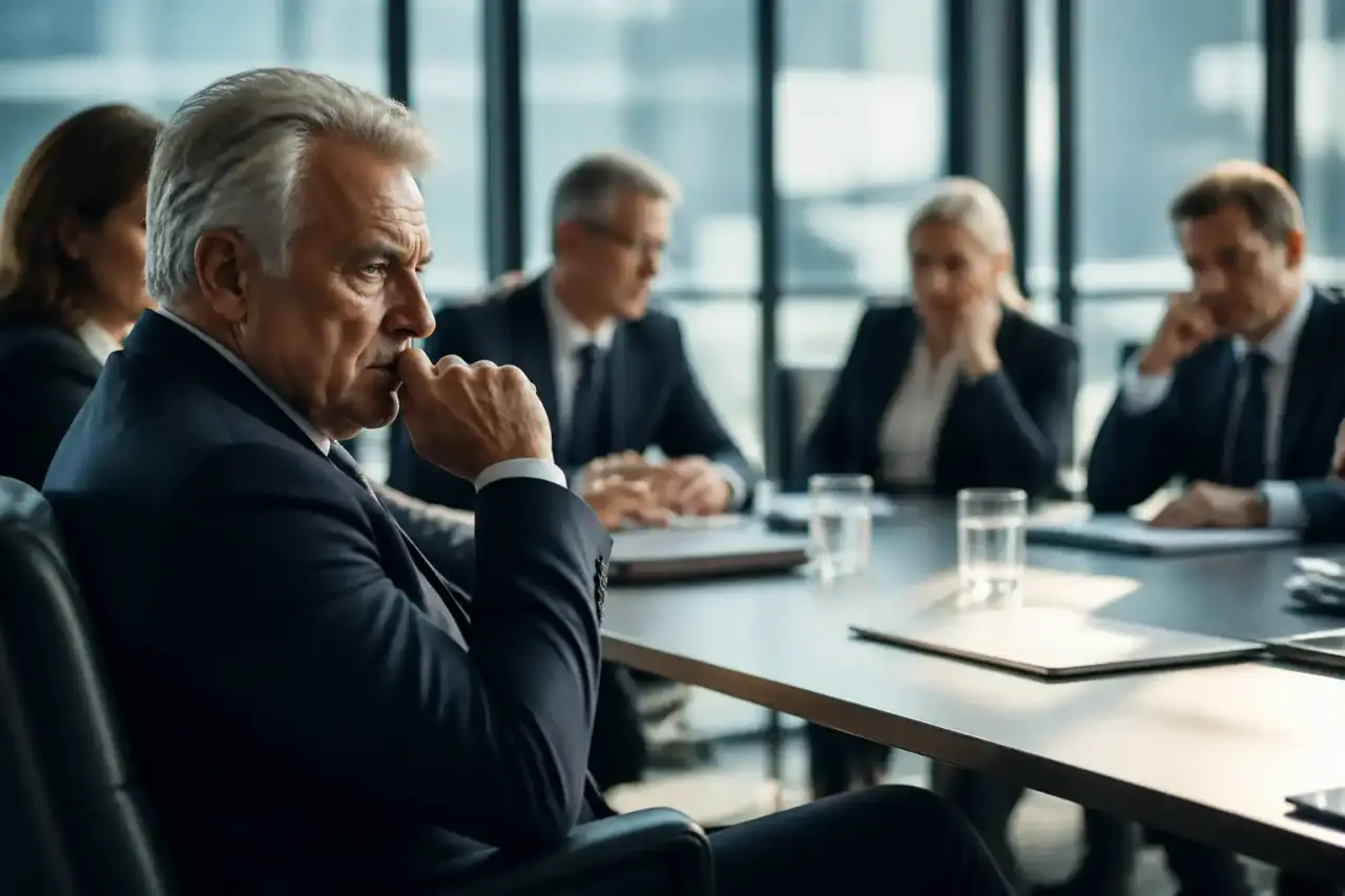 Bureau en bois sombre avec contrat et stylo plume, ambiance luxueuse et confidentielle