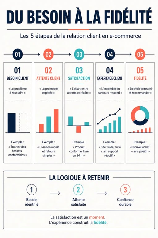 Infographie sur les attentes client, le besoin, la satisfaction, l’expérience et la fidélité