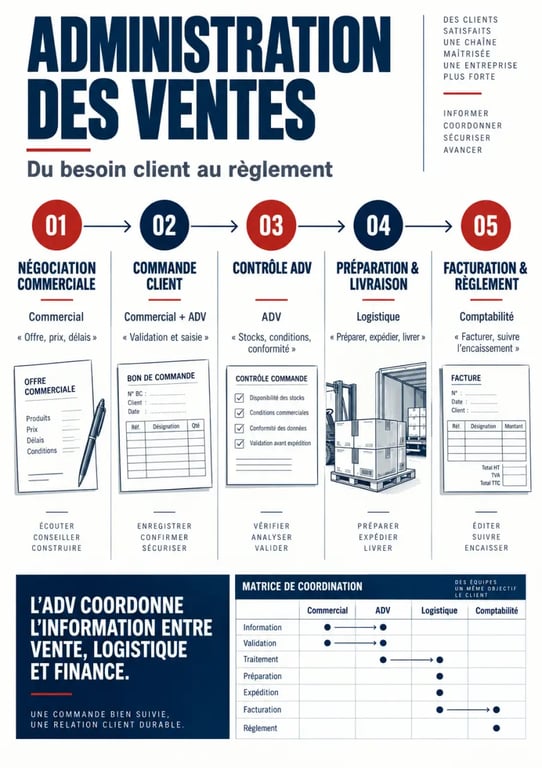 Administration vente : parcours d’une commande entre commercial, ADV, logistique et comptabilité