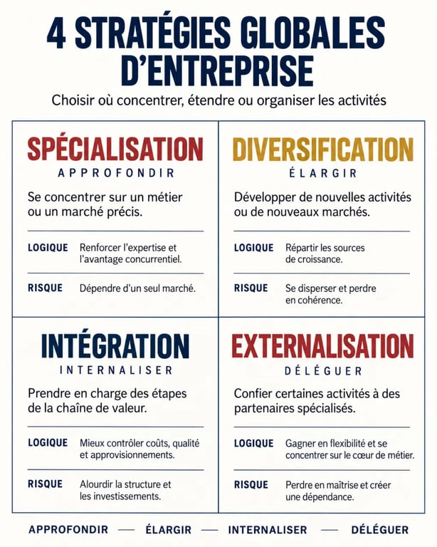 Infographie des quatre stratégies globales d'entreprise : spécialisation, diversification, intégration et externalisation