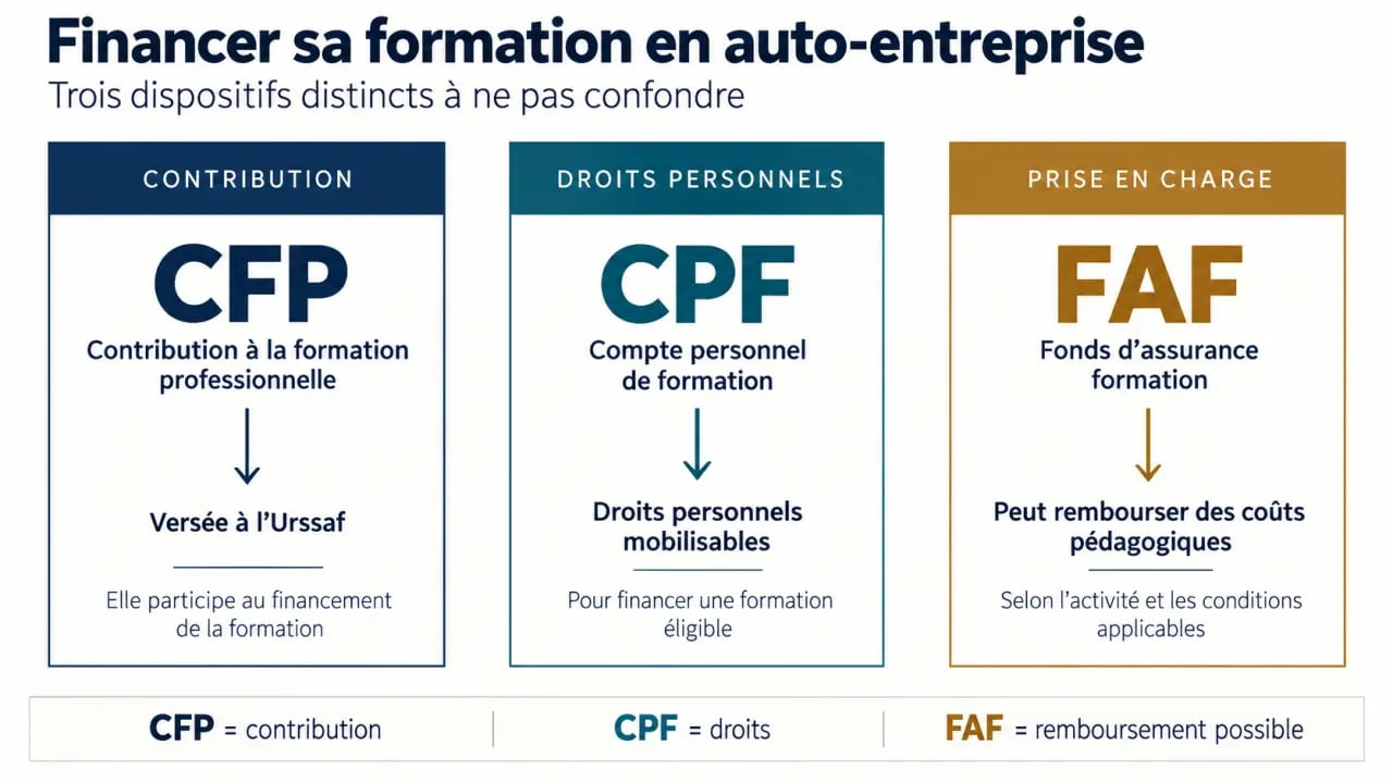 Infographie sur le financement formation auto entrepreneur avec les différences entre CPF, CFP et FAF
