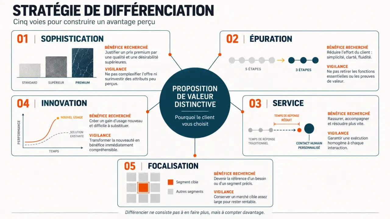 Infographie sur les cinq formes de stratégie de différenciation et leurs points de vigilance
