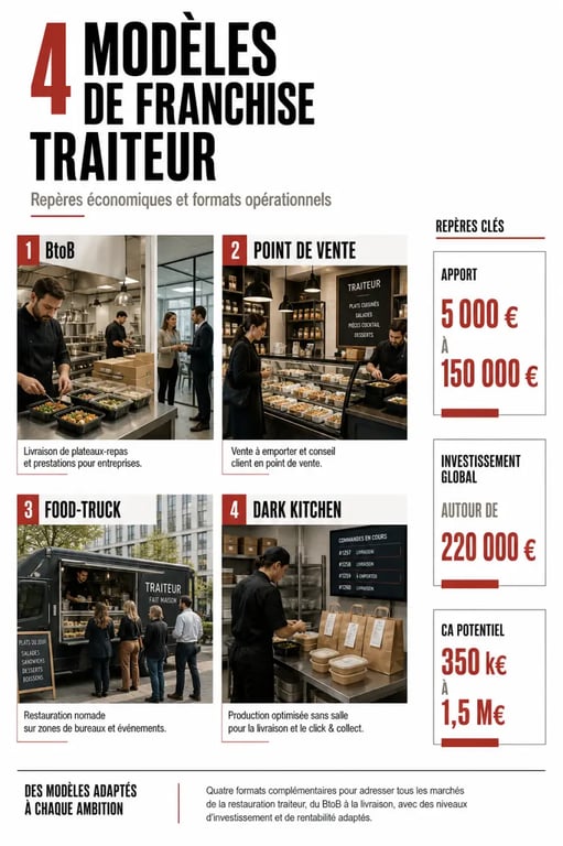 Franchise traiteur : comparaison des modèles BtoB, point de vente, food-truck et dark kitchen avec leurs niveaux d'apport et d'investissement.