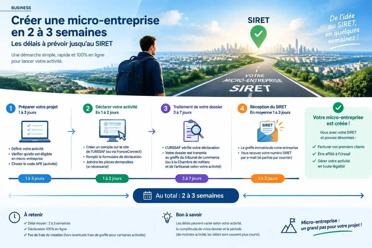 Créer une micro-entreprise en 2 à 3 semaines : les délais à prévoir jusqu’au SIRET