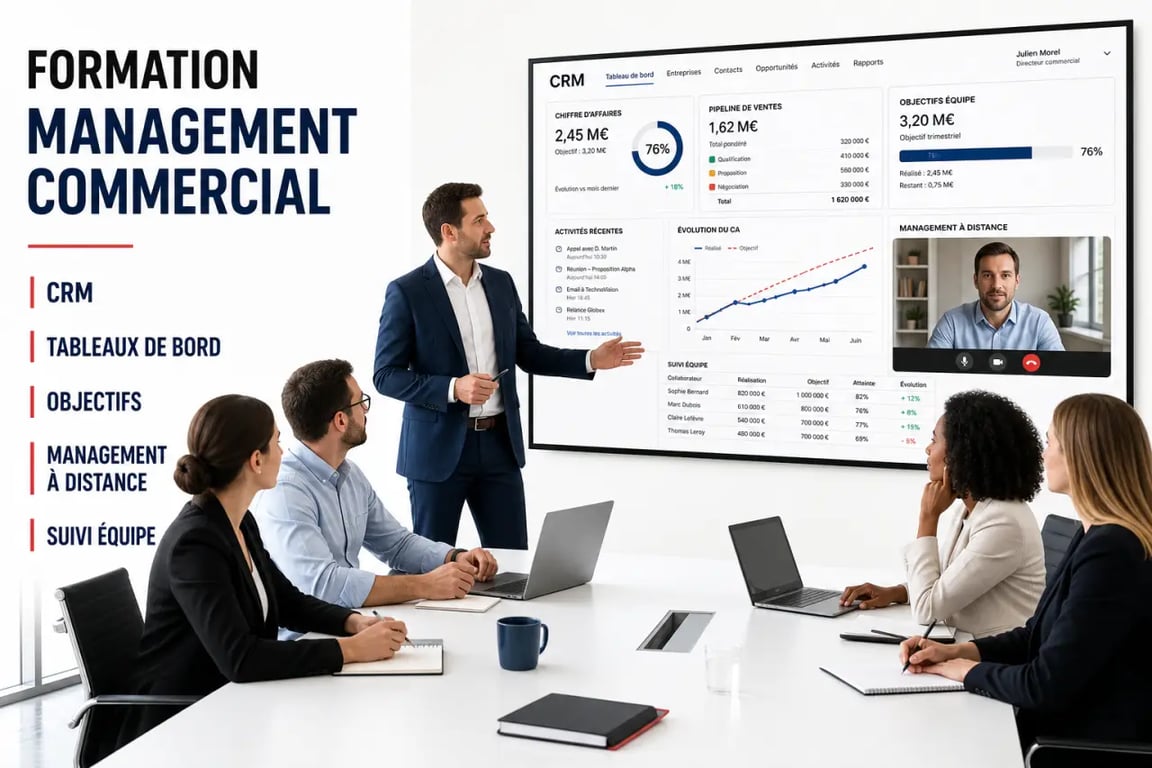 Formation management commercial : illustration d’un manager pilotant une équipe commerciale en présentiel et à distance