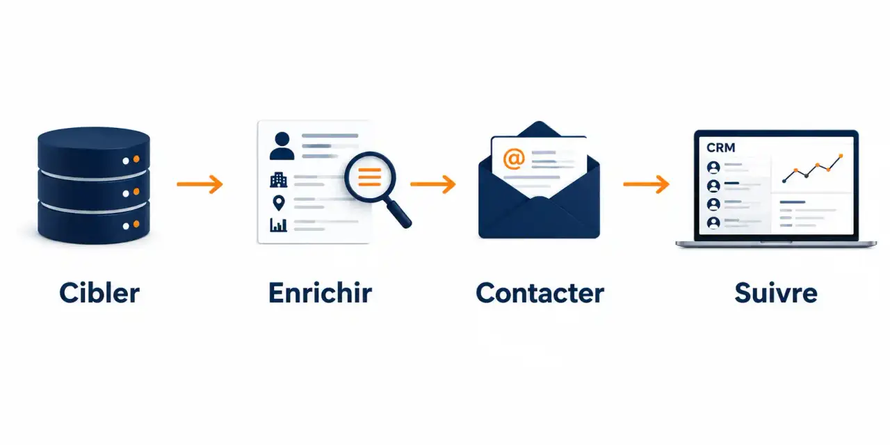 Schéma du parcours d'un logiciel de prospection commerciale : base de données, enrichissement, séquences et CRM