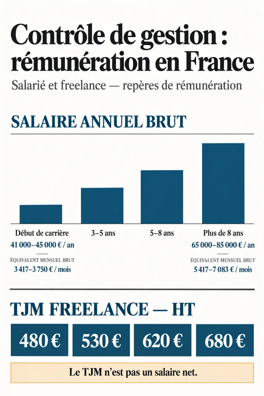 Infographie sur le contrôle de gestion salaire et les TJM freelance selon l'expérience en France